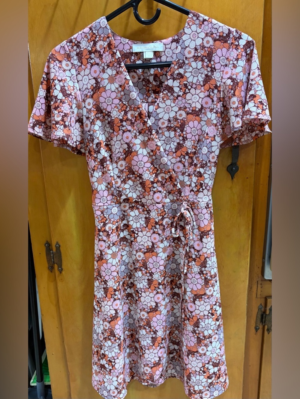 Monteau Floral Wrap Mini Dress in Pink and Brown